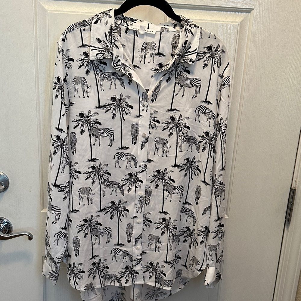 Jane and Delancey Black & White Safari Print Shirt Zebra Palm Tree Size L